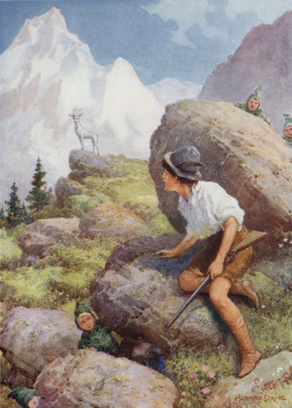 "Han så slatarog stå på en topp" fra "The Legend of the White Chamois" (farge litho) av Howard Davie