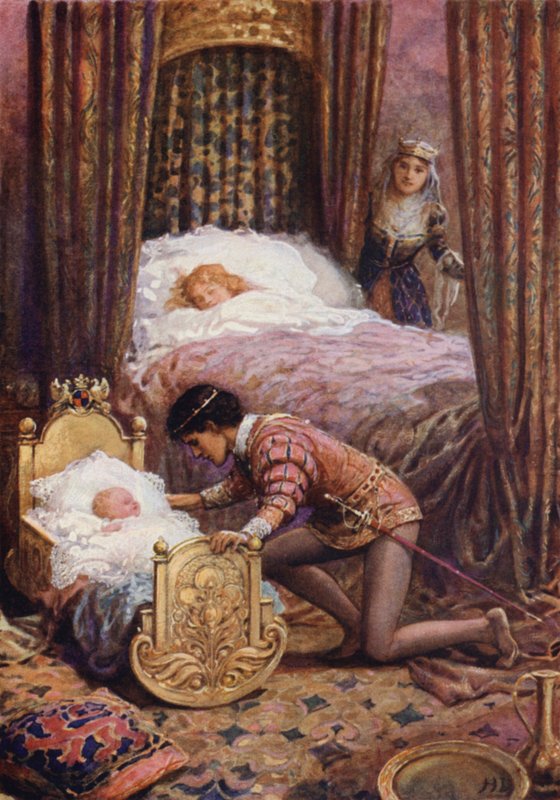 "Han bøyde seg ned for å kysse den lille babyen" fra "Luciella" (farge litho) av Howard Davie
