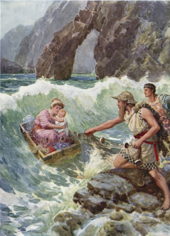Han tegnet henne og babyen trygt på en avsats av stein. Fra hvordan Perseus og moren kom til Seriphos (farge litho) av Howard Davie