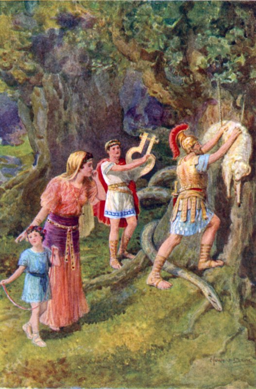 "Jason rev fleeceen fra trestammen" (farge litho) av Howard Davie
