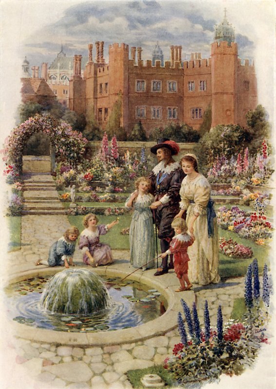 Kong Charles I og dronning Henrietta på Hampton Court (farge litho) av Howard Davie