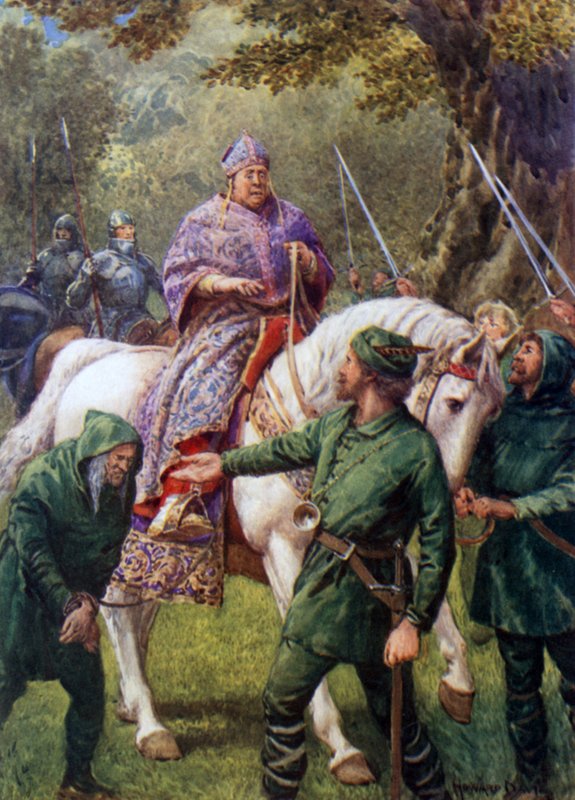 "Robin Hood møter biskopen av Hereford" (farge litho) av Howard Davie