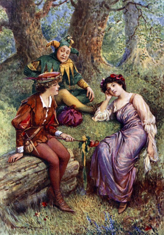 Rosalind, Celia og Touchstone (farge litho) av Howard Davie