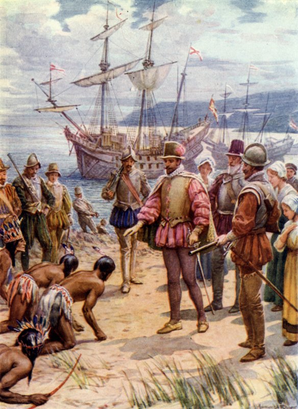 Sir Walter Raleigh, lander i Virginia (farge litho) av Howard Davie