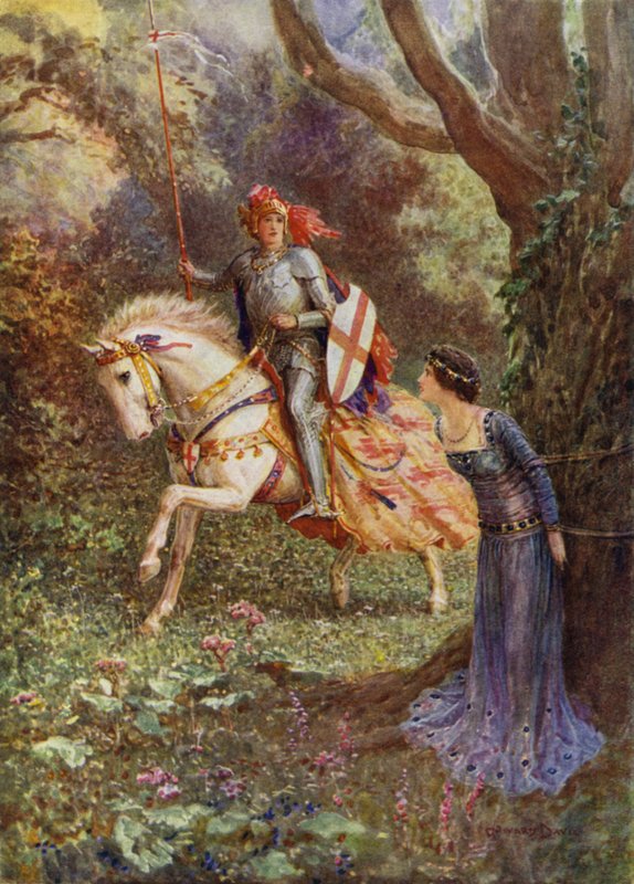 St George så en dame av overlegen skjønnhet (farge litho) av Howard Davie