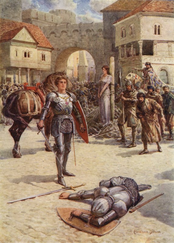 St George til unnsetning, den stolte jarlen av Coventry lå død (farge litho) av Howard Davie