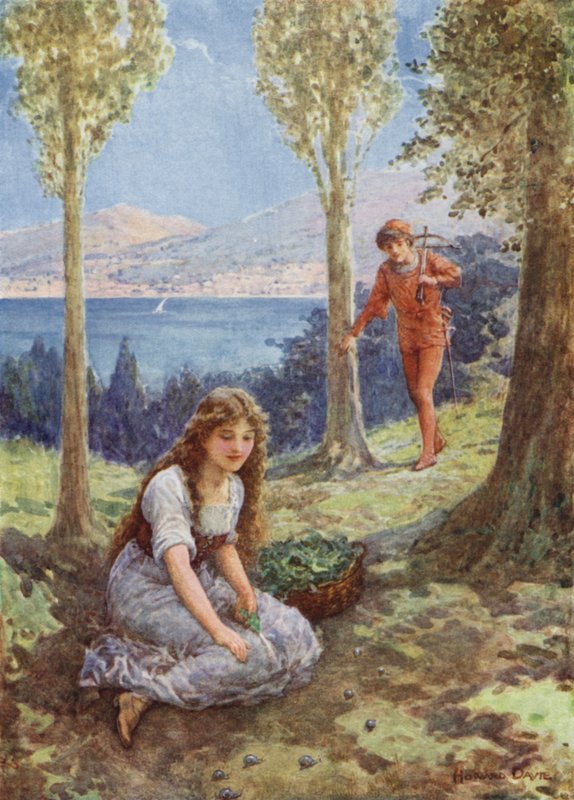 "Plutselig stoppet han og stirret henrykt" fra "Filadoro" (farge litho) av Howard Davie
