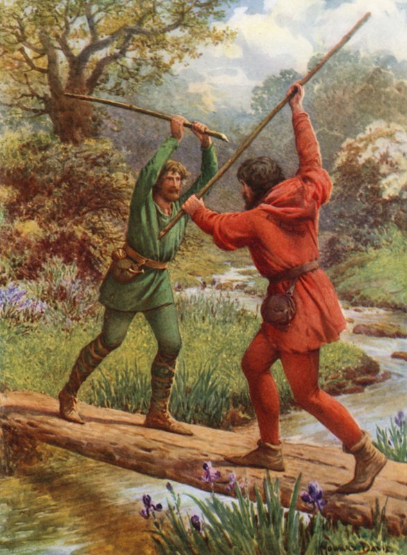 "Kampen mellom Robin Hood og Little John" (farge litho) av Howard Davie