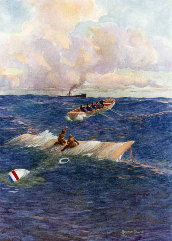 Redningsbåten til "The Mary of Denmark" som redder Hawker og Grieve (farge litho) av Howard Davie