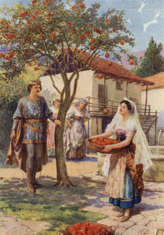 "Frukten falt av seg selv i kurven" fra "The Fairy Kittens" (farge litho) av Howard Davie