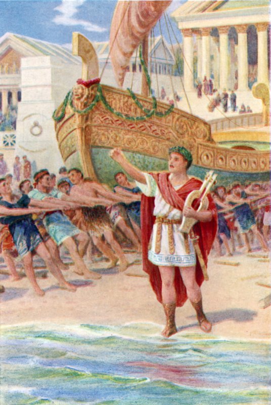 "Så tok Orfeus sin harpe og begynte sin magiske sang" (farge litho) av Howard Davie