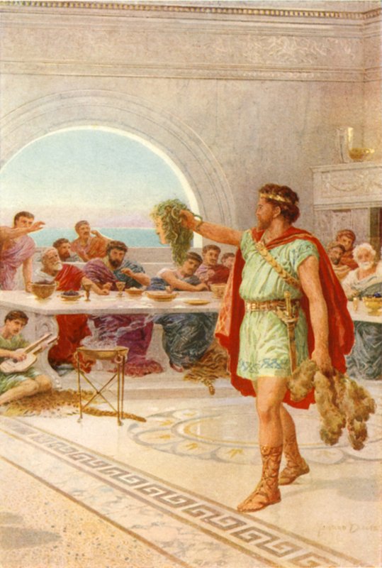 "Så holdt Perseus hodet på Gorgonen" (farge litho) av Howard Davie