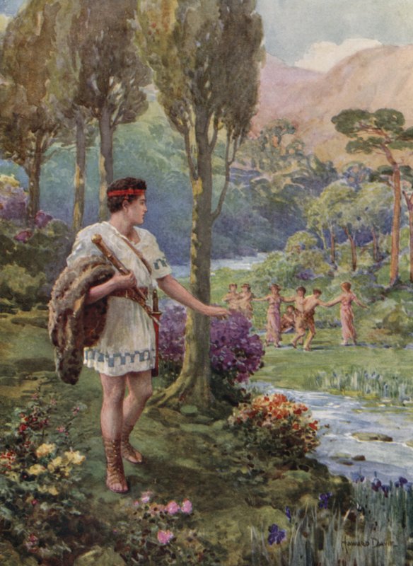 Under skyggen av steiner og trær danset nymfer og gjetere (farge litho) av Howard Davie