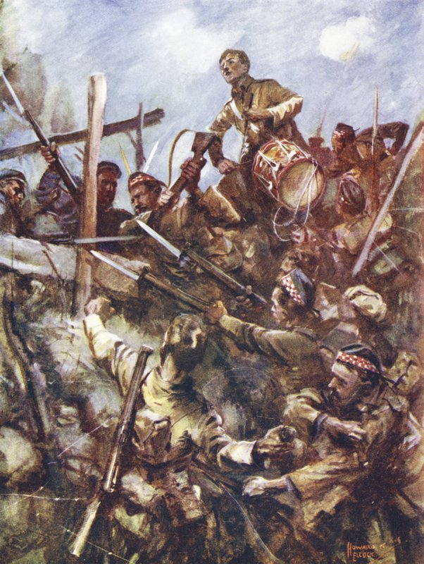 Trommeslager Walter Ritchie stående på fiendens brystning for å lyde anklagen, under kraftig maskingeværild og bombeangrep, Beaumont Hamel, Frankrike, 1. juli 1916 av Howard K. Elcock