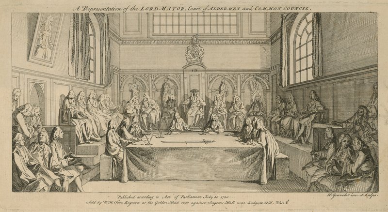 En representasjon av Lord Mayor, domstolen for Aldermen og Common Council av Hubert Francois Gravelot