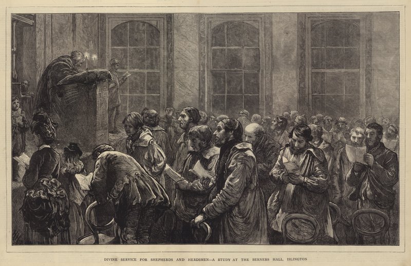 Guddommelig tjeneste for hyrder og gjetere, en studie ved Berners Hall, Islington av Hubert von Herkomer