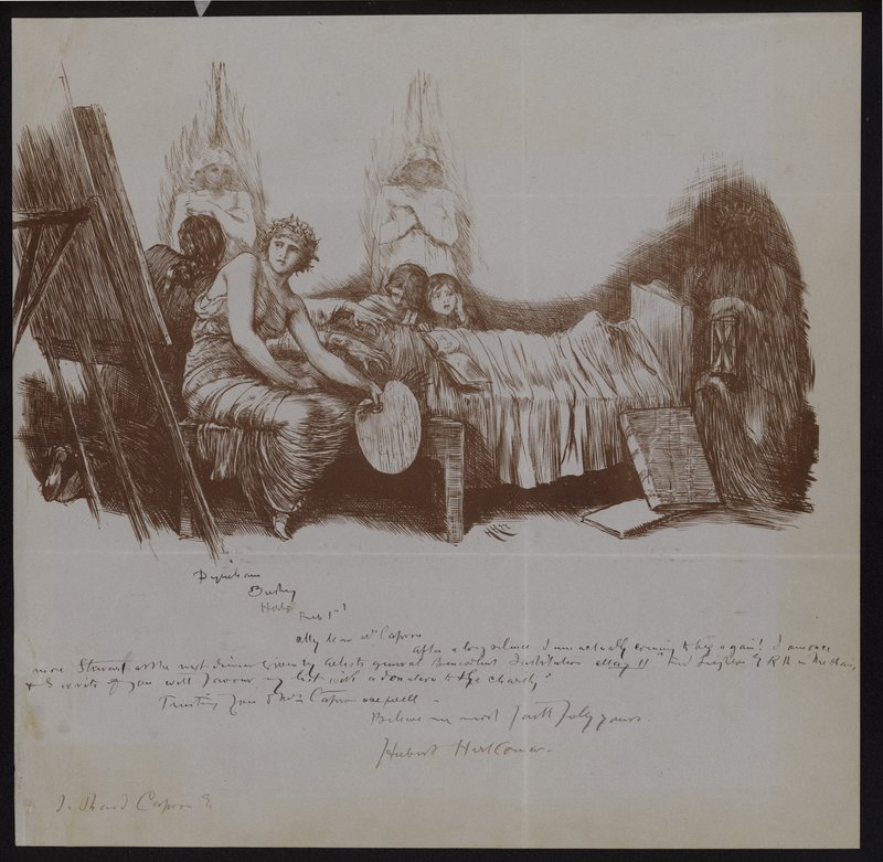Scene av en dødsleie med barn og allegorsiske figurer inkludert og kunstner med staffeli av Hubert von Herkomer