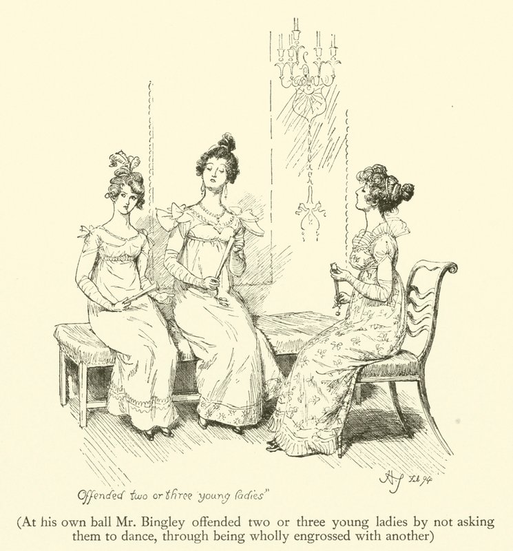 På sitt eget ball fornærmet Mr Bingley to eller tre unge damer ved ikke å be dem danse, gjennom å være helt oppslukt av en annen (gravering) av Hugh Thomson