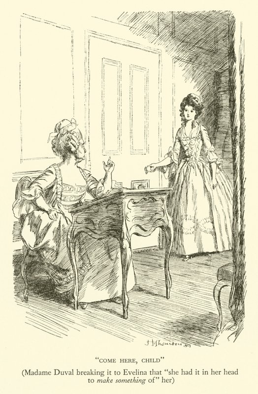Kom hit, barn, Madame Duval og forteller Evelina at "hun hadde det i hodet å gjøre noe ut av" henne (gravering) av Hugh Thomson