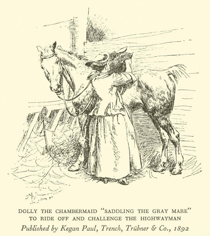 Dolly the Chambermaid "Saddling the Grey Mare", for å ri av og utfordre Highwayman (gravering) av Hugh Thomson