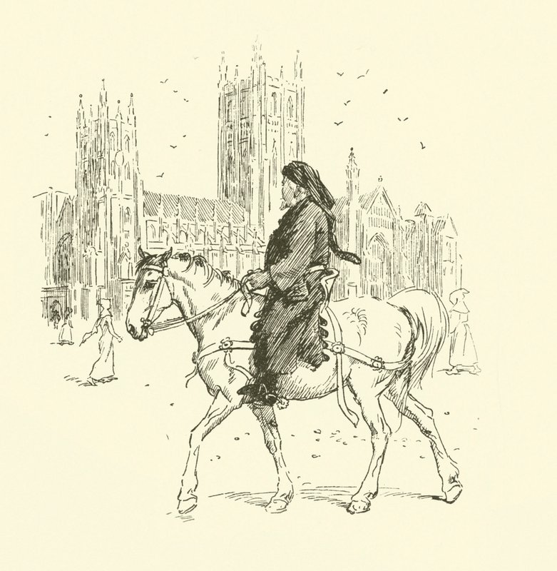 Geoffrey Chaucer på hesteryggen (litho) av Hugh Thomson