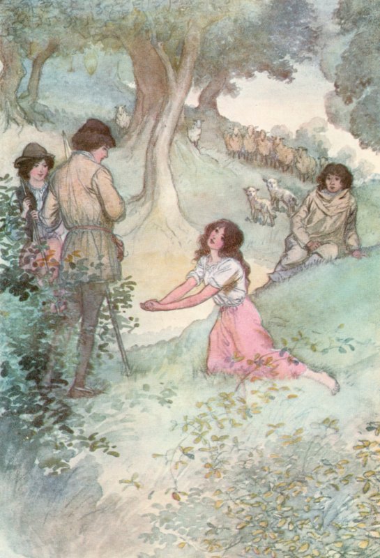 Illustrasjon for Shakespeares As You Like It (farge litho) av Hugh Thomson
