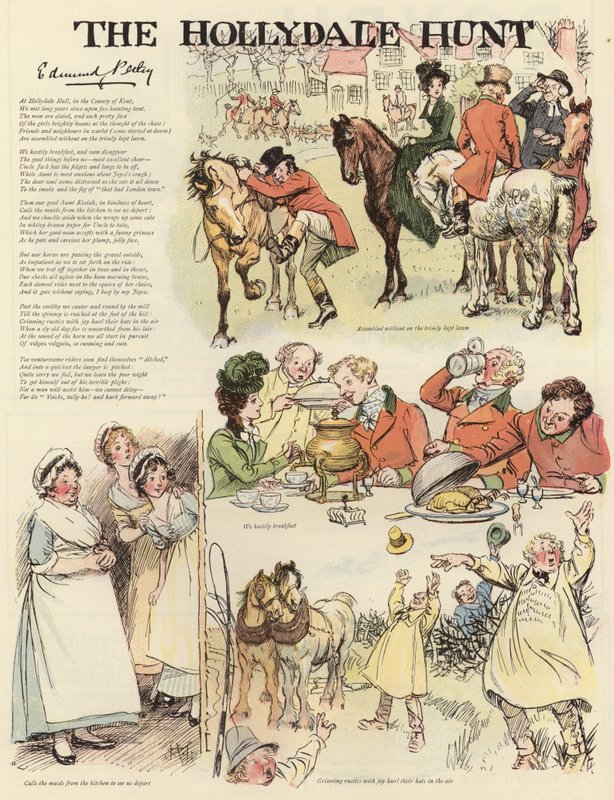 Serie med illustrasjoner som viser Hollydale-jakten av Hugh Thomson