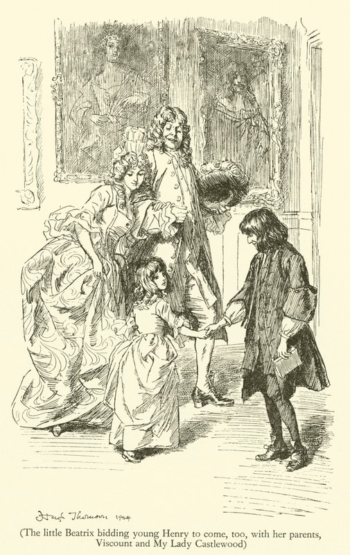Den lille Beatrix ber unge Henry om å komme også med foreldrene, Viscount og My Lady Castlewood (gravering) av Hugh Thomson