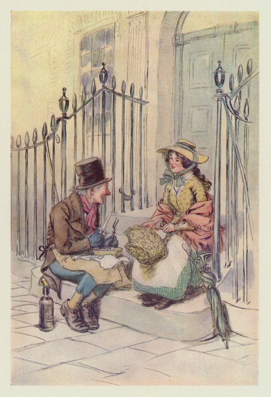 Trotty Veck, med datteren Meg, spiste på trappene (farge litho) av Hugh Thomson