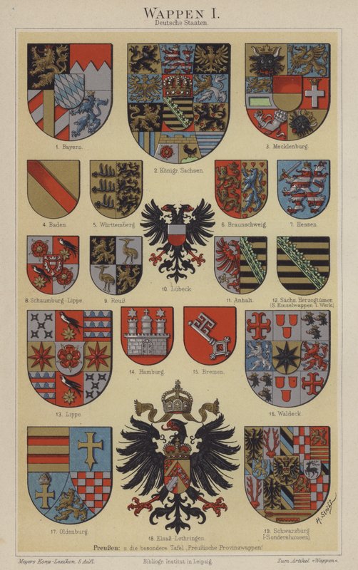 Våpenskjold fra tyske stater (farge litho) av Hugo Gerard (after) Strohl