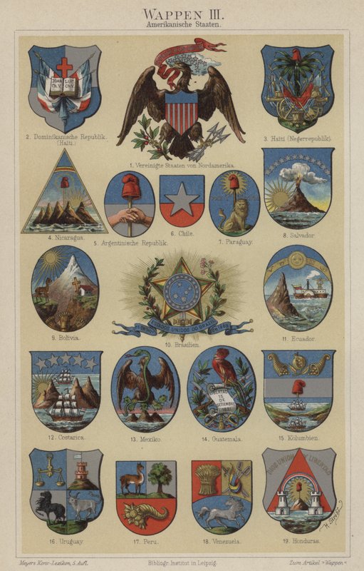 Våpenskjold fra land i Amerika (farge litho) av Hugo Gerard (after) Strohl