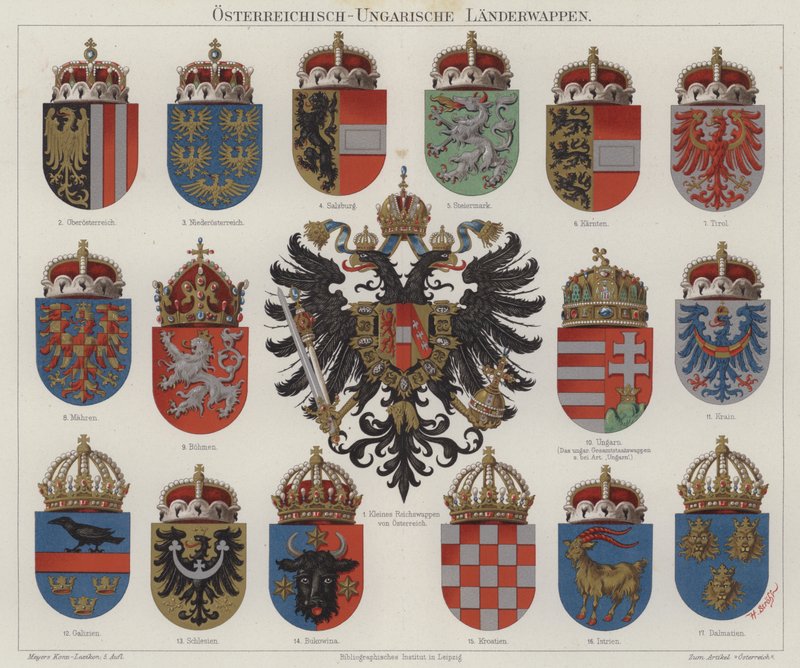Våpenskjold fra det østerriksk-ungarske riket (farge litho) av Hugo Gerard (after) Strohl