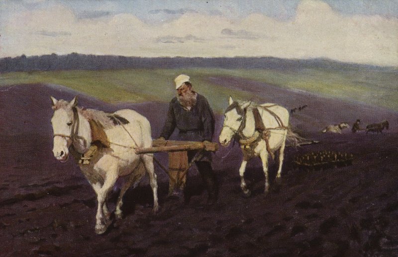 Den russiske forfatteren Leo Tolstoj pløyer på åkrene, ca 1887 av Ilya Efimovich Repin
