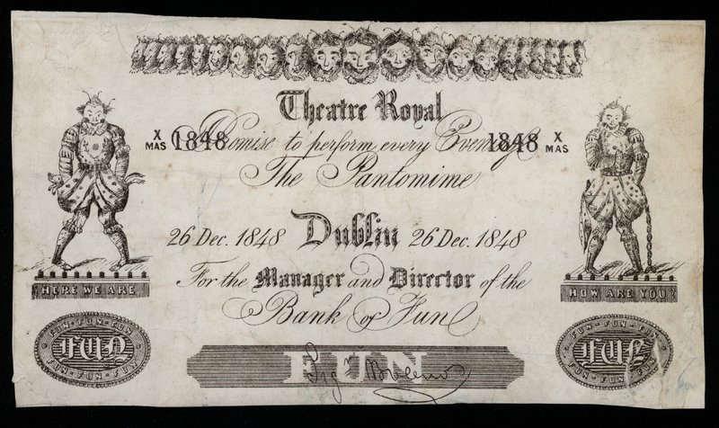 Annonse for en pantomime på Theatre Royal, Dublin, basert på en Bank of Ireland-seddel av Irish School