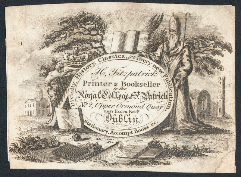 H Fitzpatrick, skriver og bokhandler til Royal College of Saint Patrick, handelskort (gravering) av Irish School