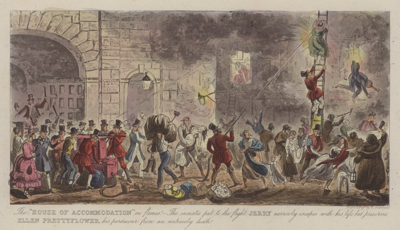 "House of Accommodation" i Flames! (farget gravering) av Isaac Robert (after) Cruikshank