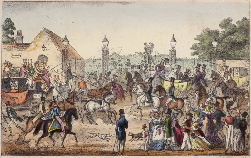 Ankomsten, eller vestlig inngang til Cockney Land (farget gravering) av Isaac Robert Cruikshank