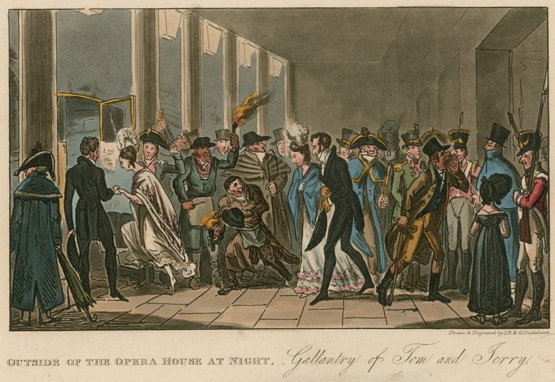 Utenfor operahuset; Galanteri av Tom og Jerry av Isaac, Robert and George Cruikshank