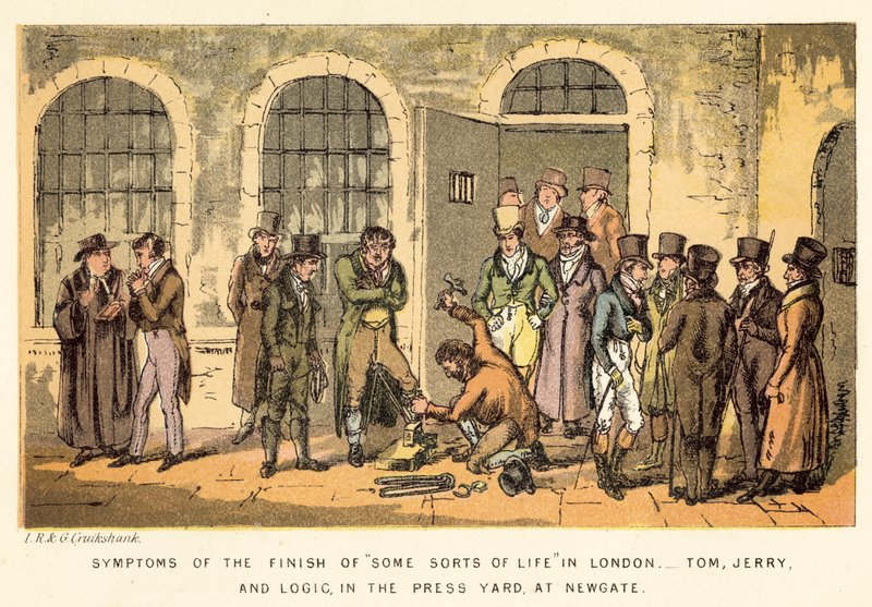 Symptomer på slutten av noen slags liv i London, Tom, Jerry og Logic, i Press Yard, ved Newgate av Isaac, Robert and George Cruikshank