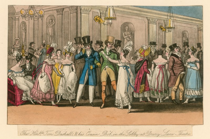 Den ærede Tom Dashall og hans fetter Bob i lobbyen på Drury Lane Theatre, London av Isaac, Robert and George Cruikshank