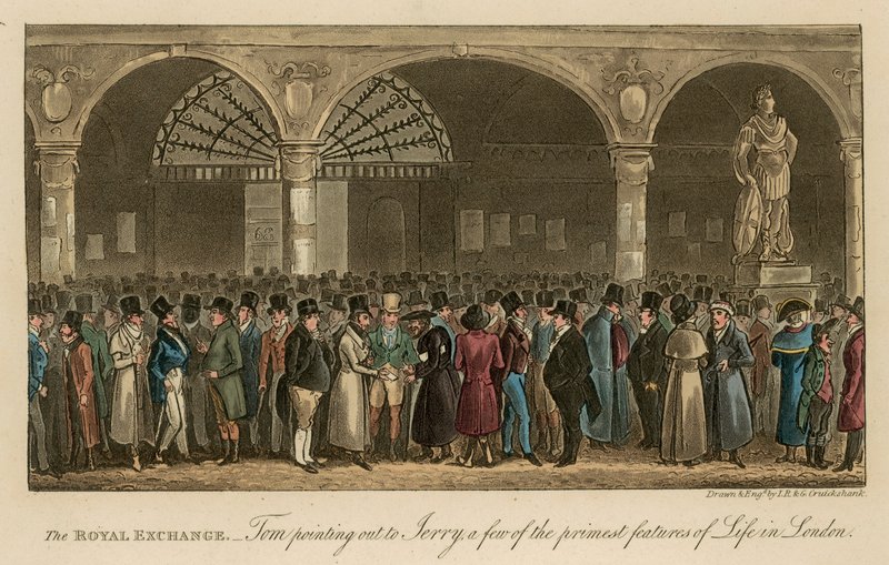 The Royal Exchange: Tom påpeker for Jerry noen av de viktigste trekk ved livet i London av Isaac, Robert and George Cruikshank