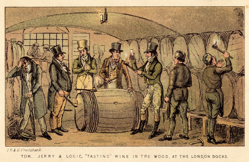 Tom, Jerry og Logic, smaker vin i skogen, ved London Docks av Isaac, Robert and George Cruikshank