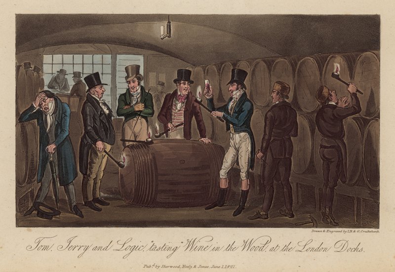 Tom, Jerry og Logic «smaker» vin i skogen ved havnen i London av Isaac, Robert and George Cruikshank