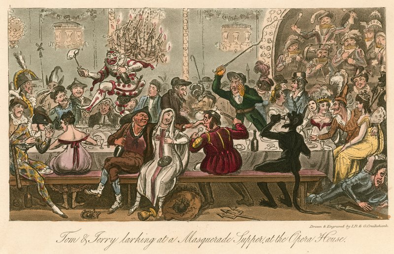 Tom og Jerry larking på en maskerademiddag i operahuset i London av Isaac, Robert and George Cruikshank