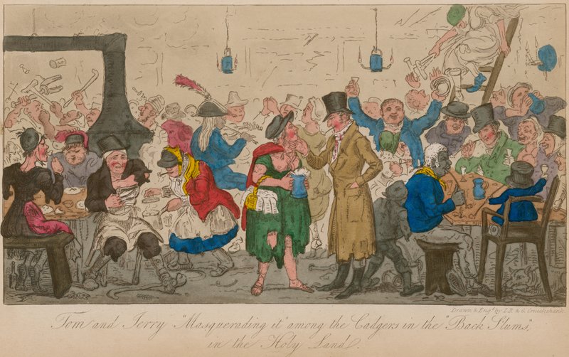 Tom og Jerry maskerer det blant cadgers i "Back Slums" i det hellige land av Isaac, Robert and George Cruikshank