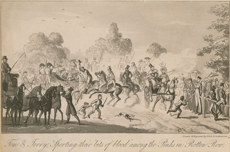 Tom og Jerry viser blodbitene sine blant de rosa i Rotten Row av Isaac, Robert and George Cruikshank