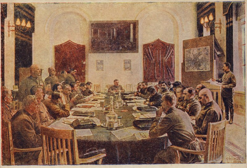 Møte i det revolusjonære militærrådet, Sovjet-Russland. c1925-1934 av Isaak Israilevich Brodsky