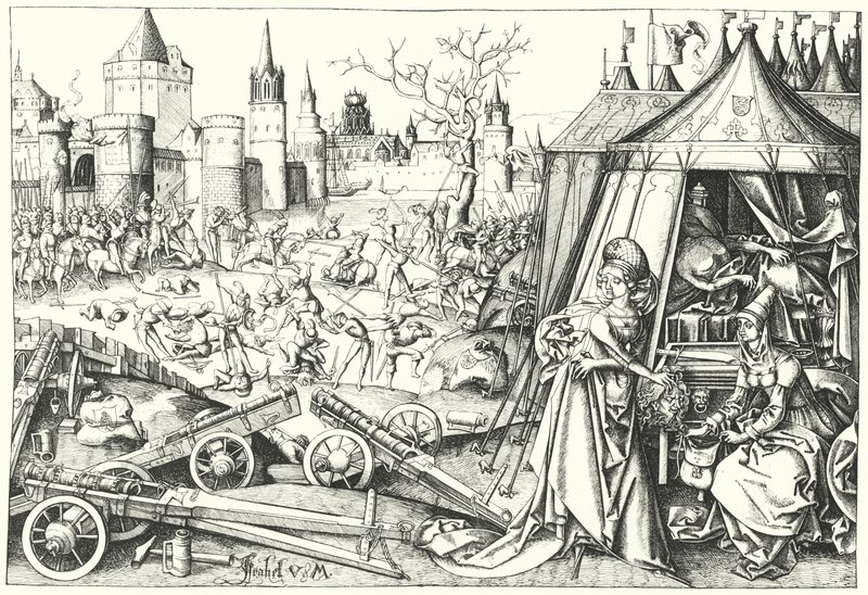 Halshuggingen av den assyriske generalen Holofernes av israelitten Judith av Bethulia, fra diktet Judith (gravering) av Israhel van the Elder Meckenem