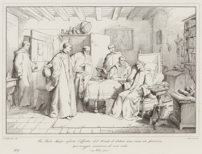 Fra Paolo Sarpi avviser tilbudet fra senatet om å bo i et hus på torget, for hans livs skyld, 1607 av Italian School