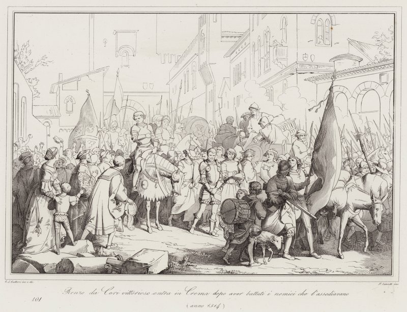 Seiersrike Renzo da Ceri går inn i Crema etter å ha slått fiendene som beleiret den, 1514 av Italian School